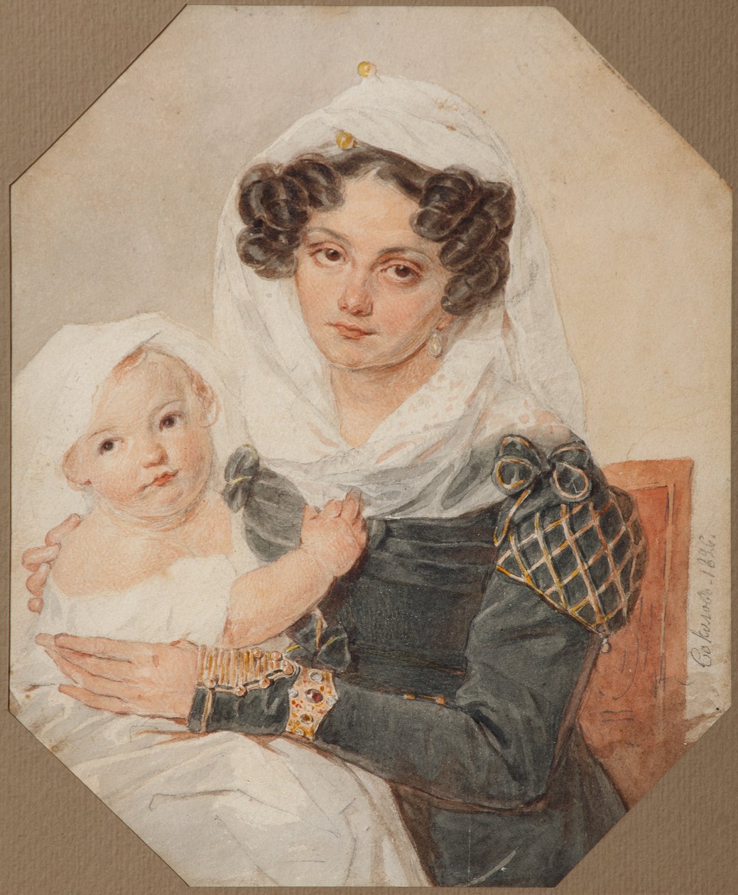 Maria Nikolaevna Volkonskaya Contesse portréja 1805-1863 fiával, Nyikolajjal, 1826 alkotó: Pyotr Fyodorovich Sokolov