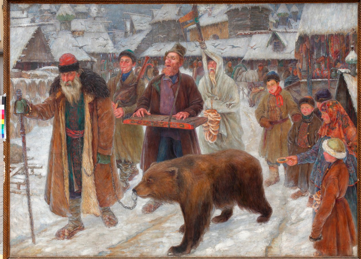 ""A szkomorok éneke"" (A szkomorok dala) Vándorelőadók, medveszelídítők Oroszországban Pjotr ​​Ivanovics Subbotin (Permjak) festménye (1886-1923) alkotó: Pyotr Ivanovich Subbotin