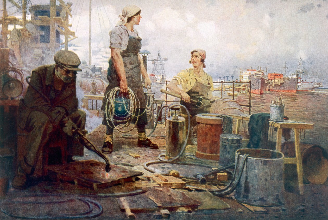 A vörös sormovói hajógyár, 1920 körül (színes litográfia) alkotó: Pyotr Ivanovich Kotov