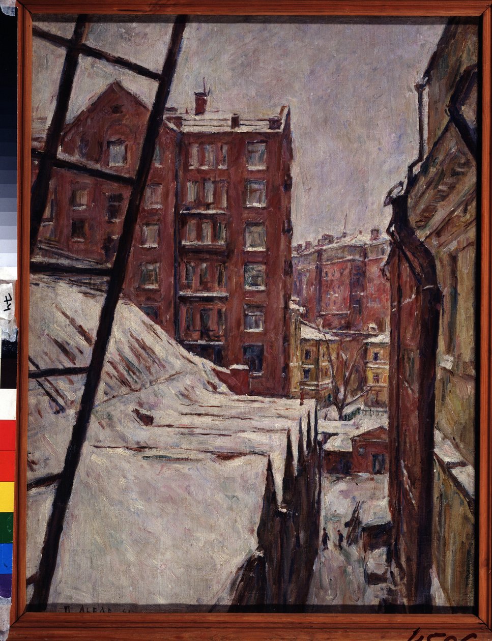 21 Myasnitskaya utca, Moszkva (Myasnitskaya utca 21). Városi táj a hó alatt. Pjotr ​​Ivanovics Lvov (1882-1944) festménye, olaj, vászon alkotó: Pyotr Ivanovich Lvov