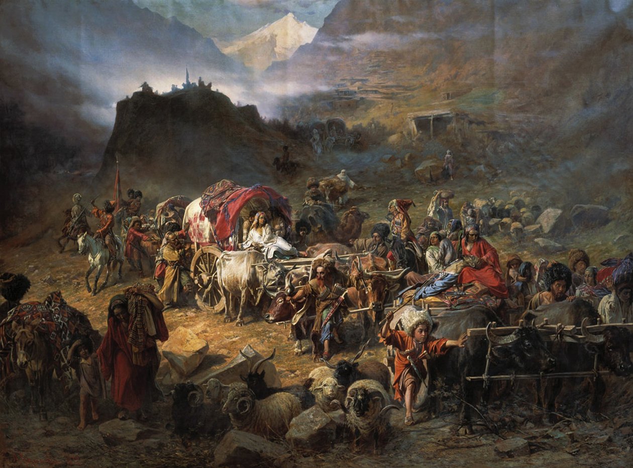 A hegymászók elhagyják az ault, mielőtt az orosz hadsereg közeledne, 1872 alkotó: Pyotr Nikolayevich Grusinsky