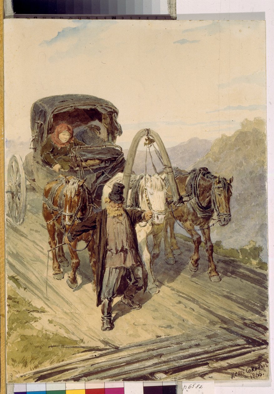 Trojka (orosz hintó, amelyet három ló húz). Pjotr ​​(Pjotr) Petrovics Szokolov (1821-1899) műve, akvarell papíron alkotó: Pyotr Petrovich Sokolov