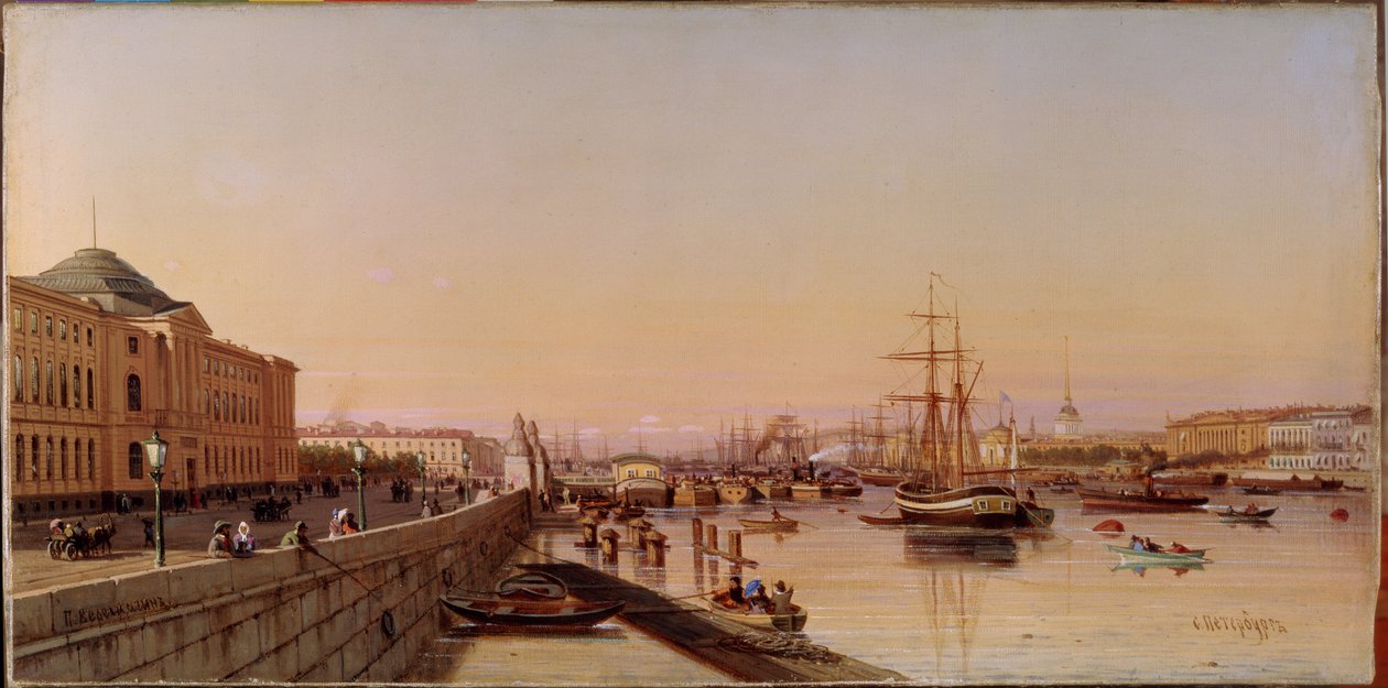 Nyári este a Néva partján, a Szentpétervári Művészeti Akadémia közelében. Pjotr ​​Petrovics Verescsagin (Verescsagin, Verescsagin) (1836-1886) festménye, olaj, vászon, 1870 körül. Orosz művészet alkotó: Pjotr ​​​​Petrowitsch Wereschtschagin