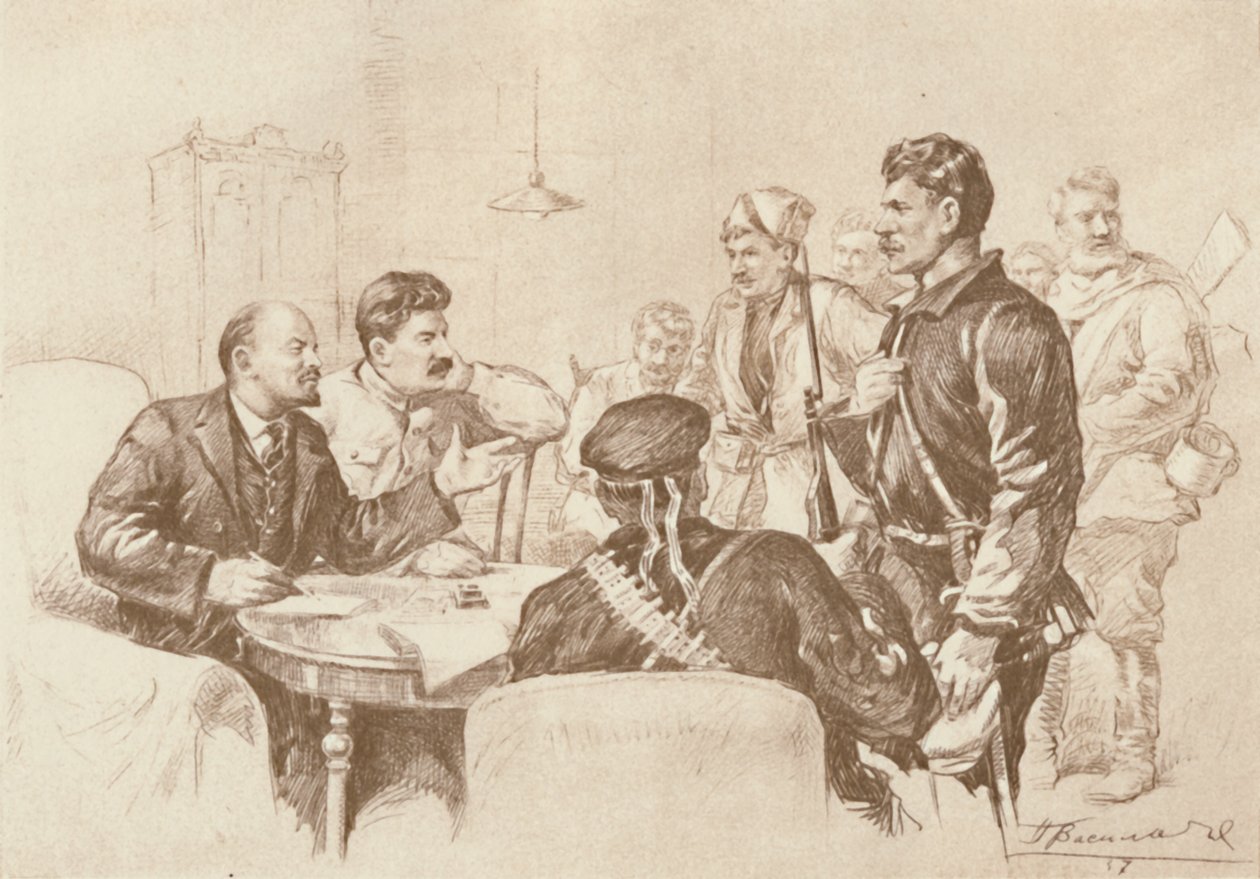 Lenin és Sztálin a Vörös Gárdistákhoz beszél a Szmolnijban, 1917, 1939. alkotó: Pyotr Vasilyev
