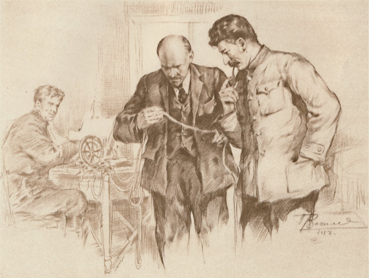 Lenin és Sztálin a közvetlen vezetéknél, 1918, 1939. alkotó: Pyotr Vasilyev