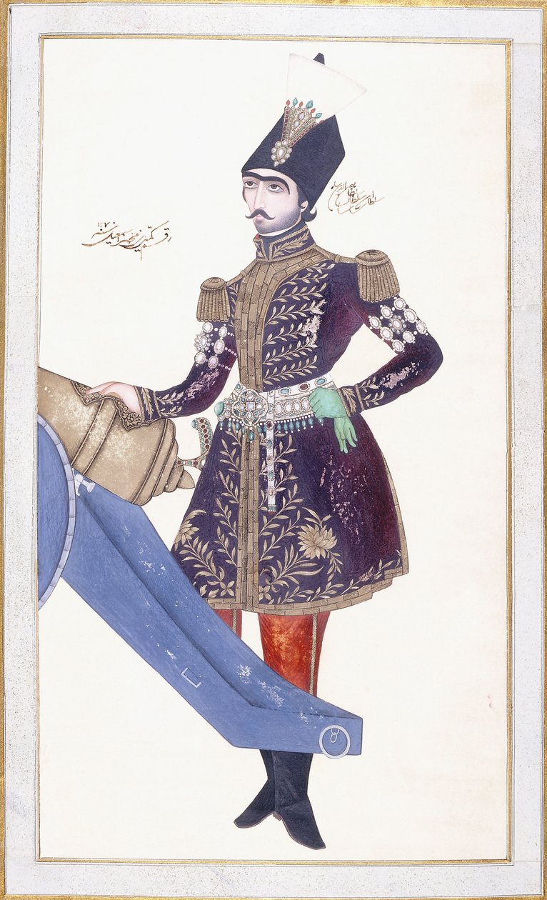 Nasir al-Din Shah portréja, Ágyún nyugvó kéz, c. 1853-4 alkotó: Qajar School