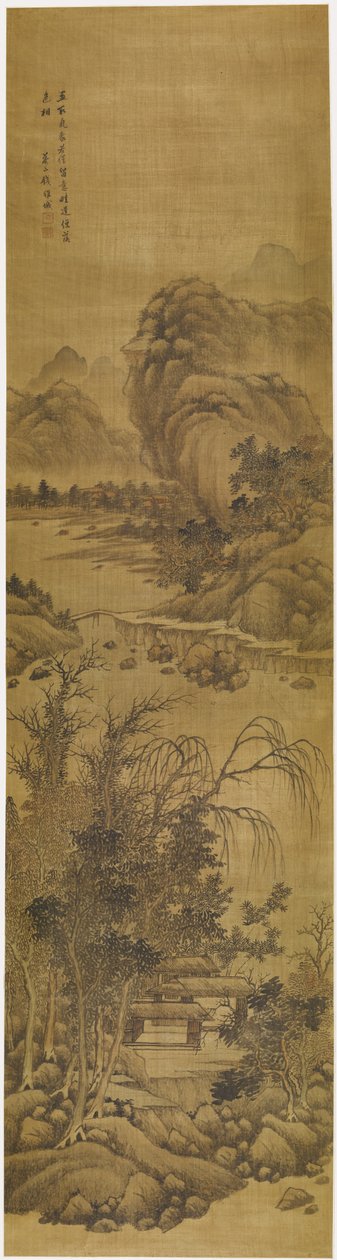 Tájkép (tinta és szín, selyem) alkotó: Qian Weicheng