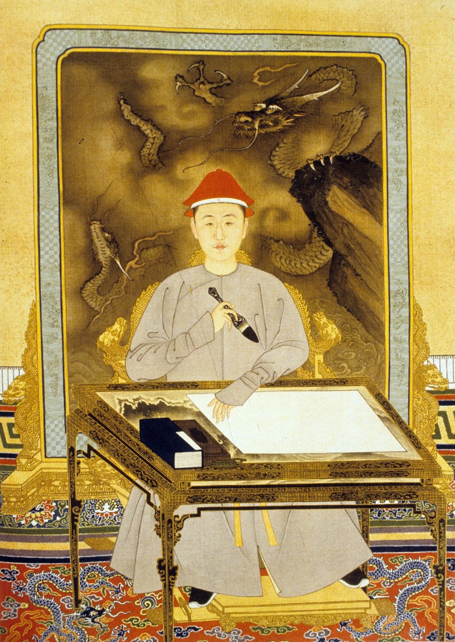 Heng Tsu vagy Kangxi, Kína császára az íróasztalánál alkotó: Qing Dynasty   Kangxi Period Chinese School