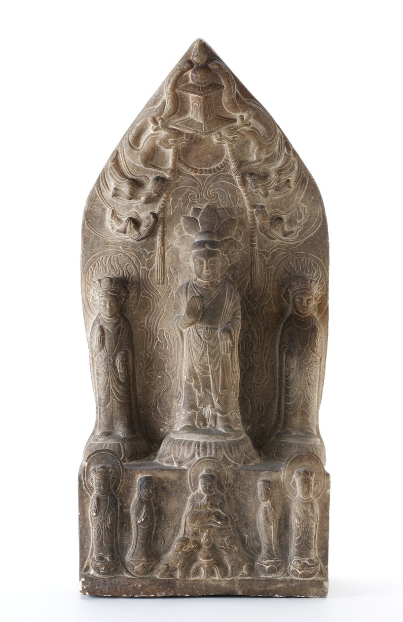 Buddhista szentháromság domborműves lótusz talapzaton a hegyes háttér előtt alkotó: Qing Dynasty Chinese School