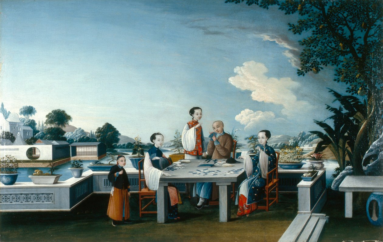 Kártyázók egy nyitott teraszon, 1800 körül (olaj, vászon) alkotó: Qing Dynasty Chinese School
