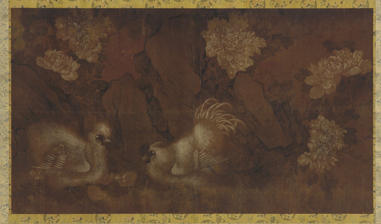 Kakas, tyúk és csirkék bazsarózsa cserjék közelében (tinta és szín a selyempanelen) alkotó: Qing Dynasty Chinese School
