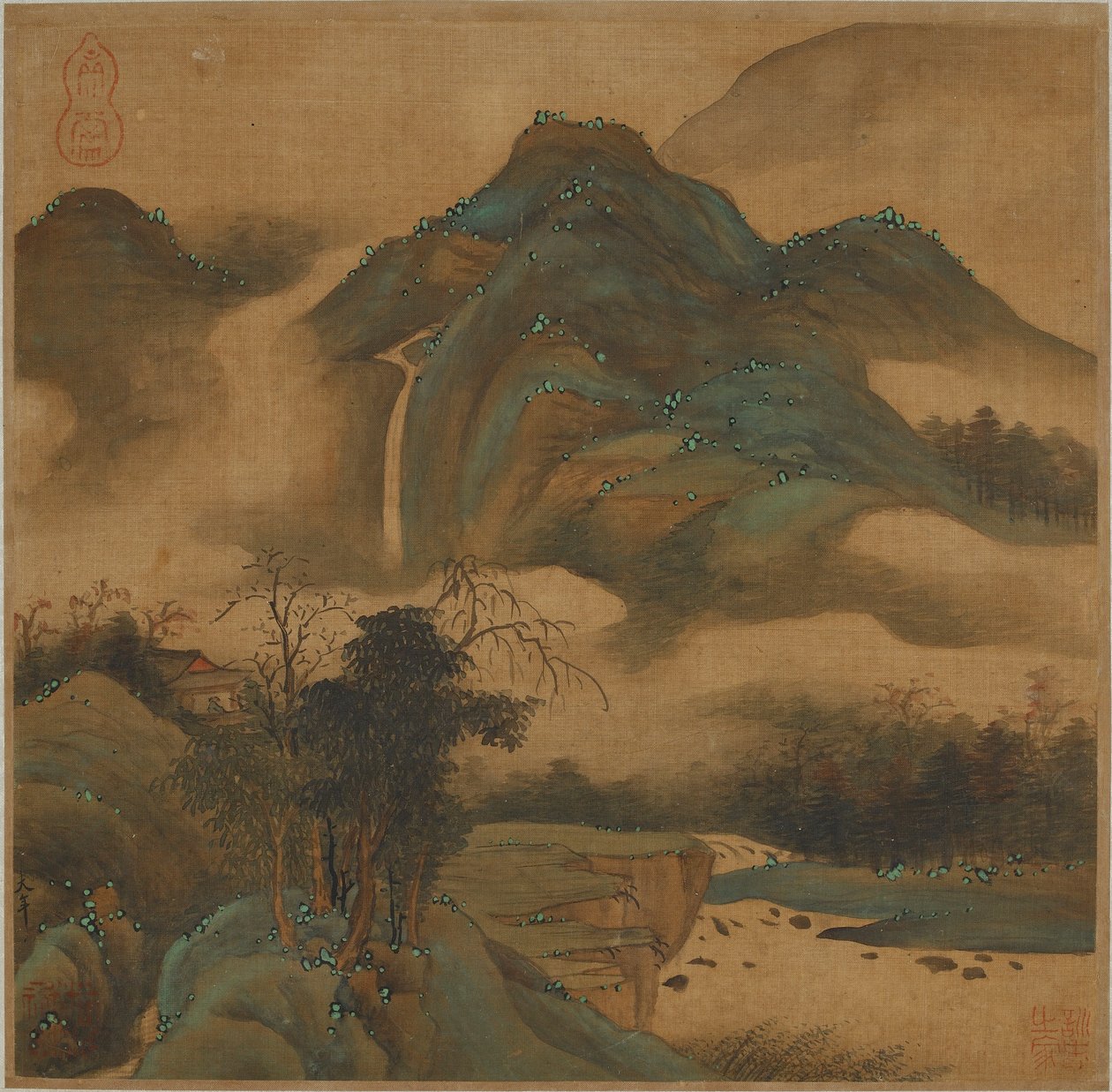 Vízesést nézni egy hegyi kunyhóból alkotó: Qing Dynasty Chinese School