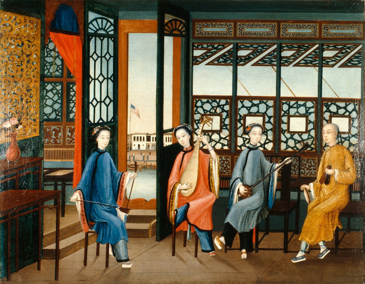 Zenei kvartett amerikai zászlóval, 1800 körül (olaj, vászon) alkotó: Qing Dynasty Chinese School
