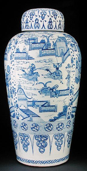 Egy pár kék-fehér katonaváza közül alkotó: Qing Dynasty Chinese School