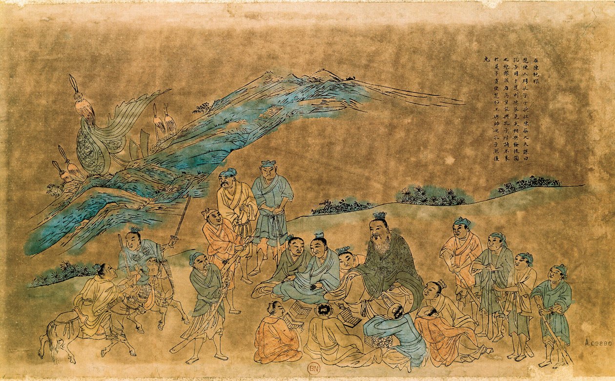 Konfucius (Kong Fu Zi) kínai filozófus (i. e. 551-479) körülveszi tanítványait (akvarell) alkotó: Qing Dynasty Chinese School