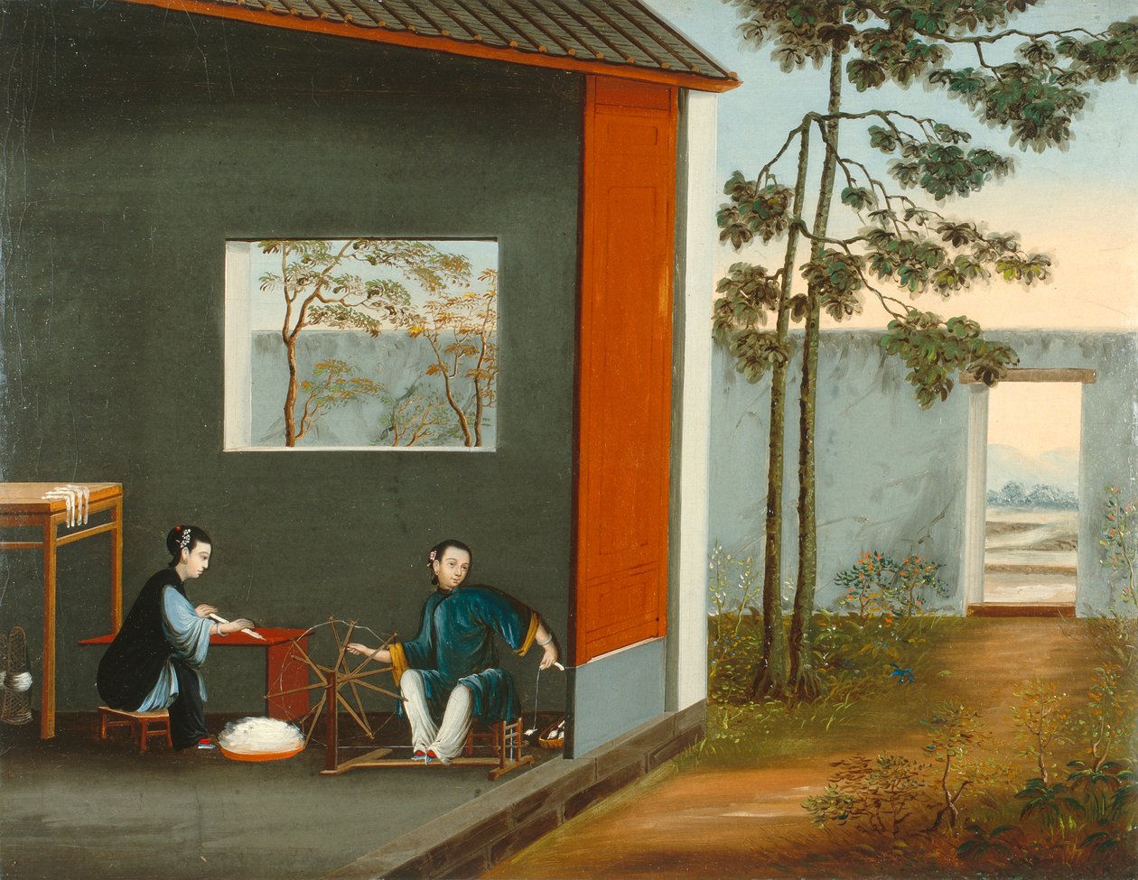 Két fonó nő, 1800 körül (olaj, vászon) alkotó: Qing Dynasty Chinese School