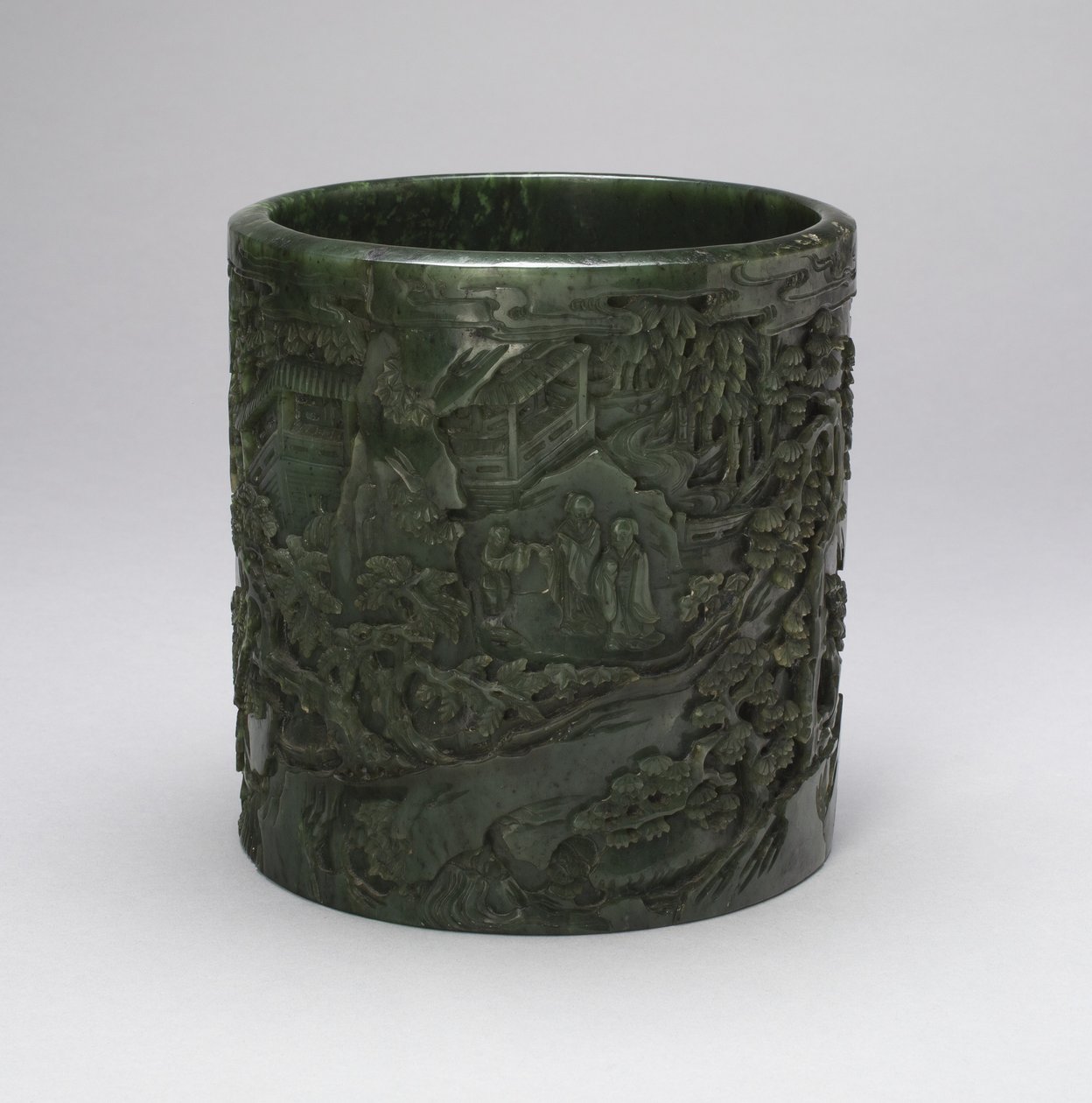 Brushpot tudósokkal és kísérőkkel a hegyvidéki tájon (jáde faragott díszítéssel) alkotó: Qing Dynasty Chinese School