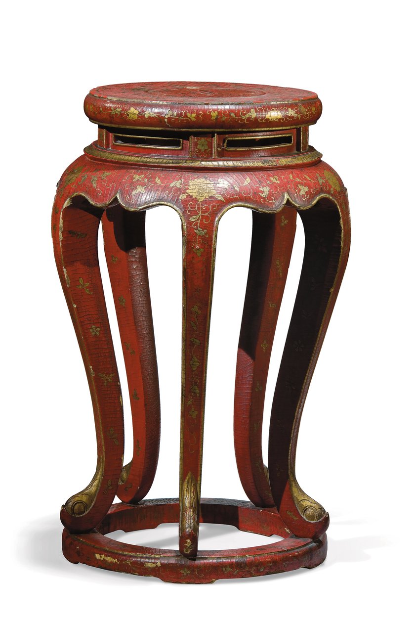 Jardinière (pirosra lakkozott, arany, barna és zöld részletekkel) alkotó: Qing Dynasty Chinese School