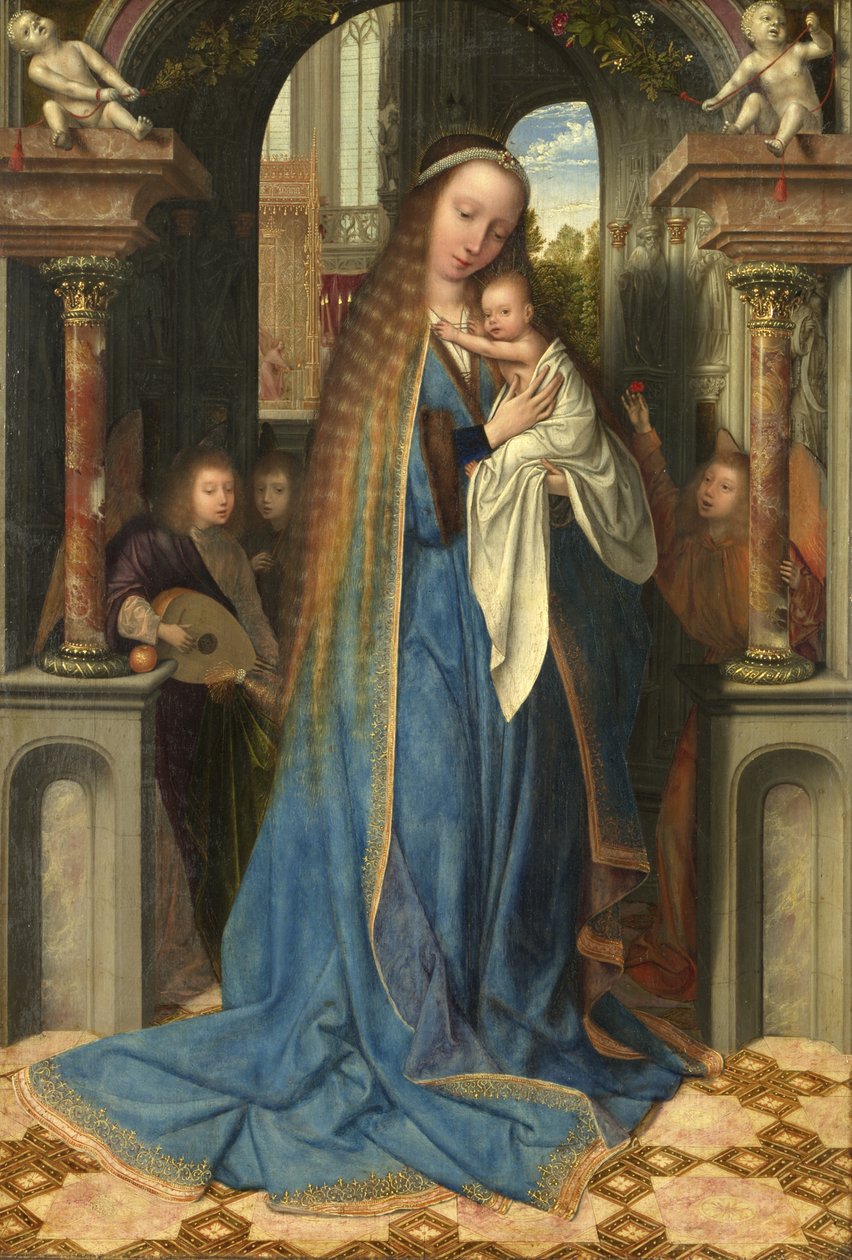 A Madonna a gyermekkel és az angyalokkal állva, 1500-2009 körül alkotó: Quentin Massys or Metsys