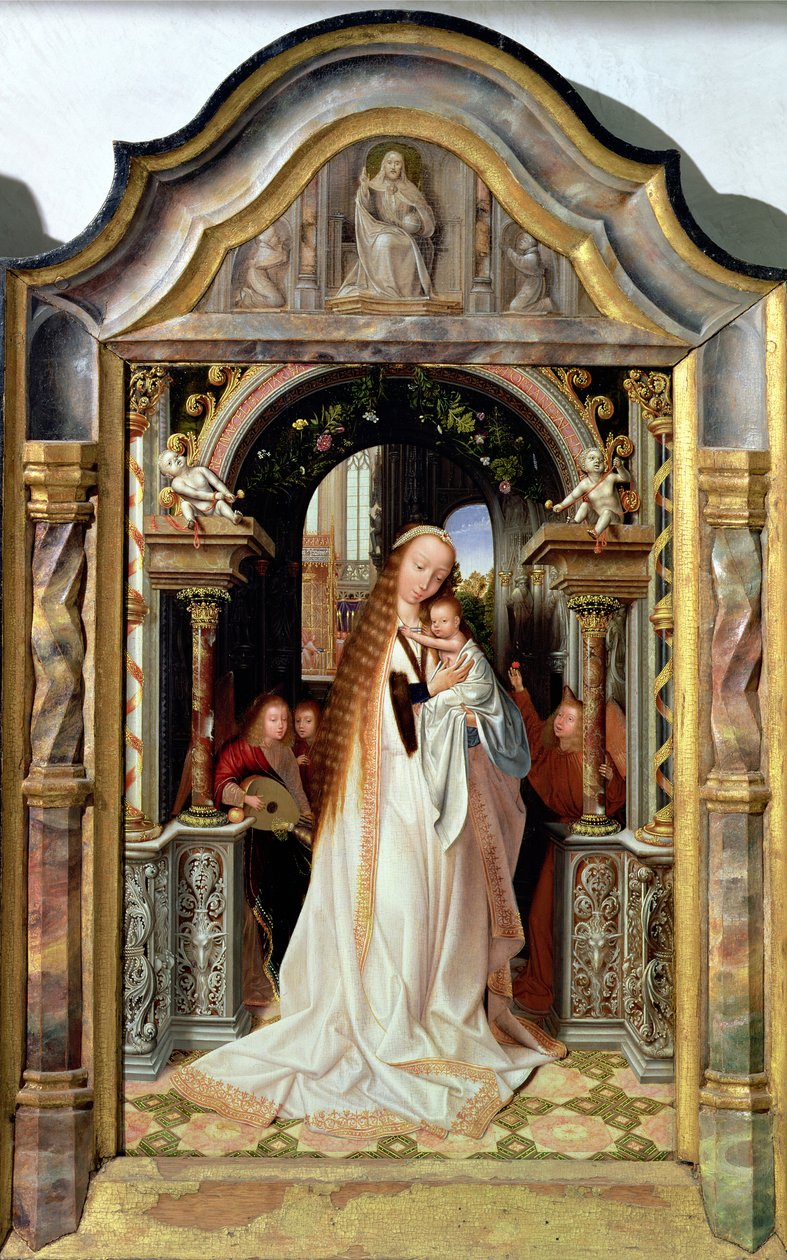 Szűz és gyermek három angyallal, triptichon központi táblája, 1509 körül alkotó: Quentin Massys or Metsys