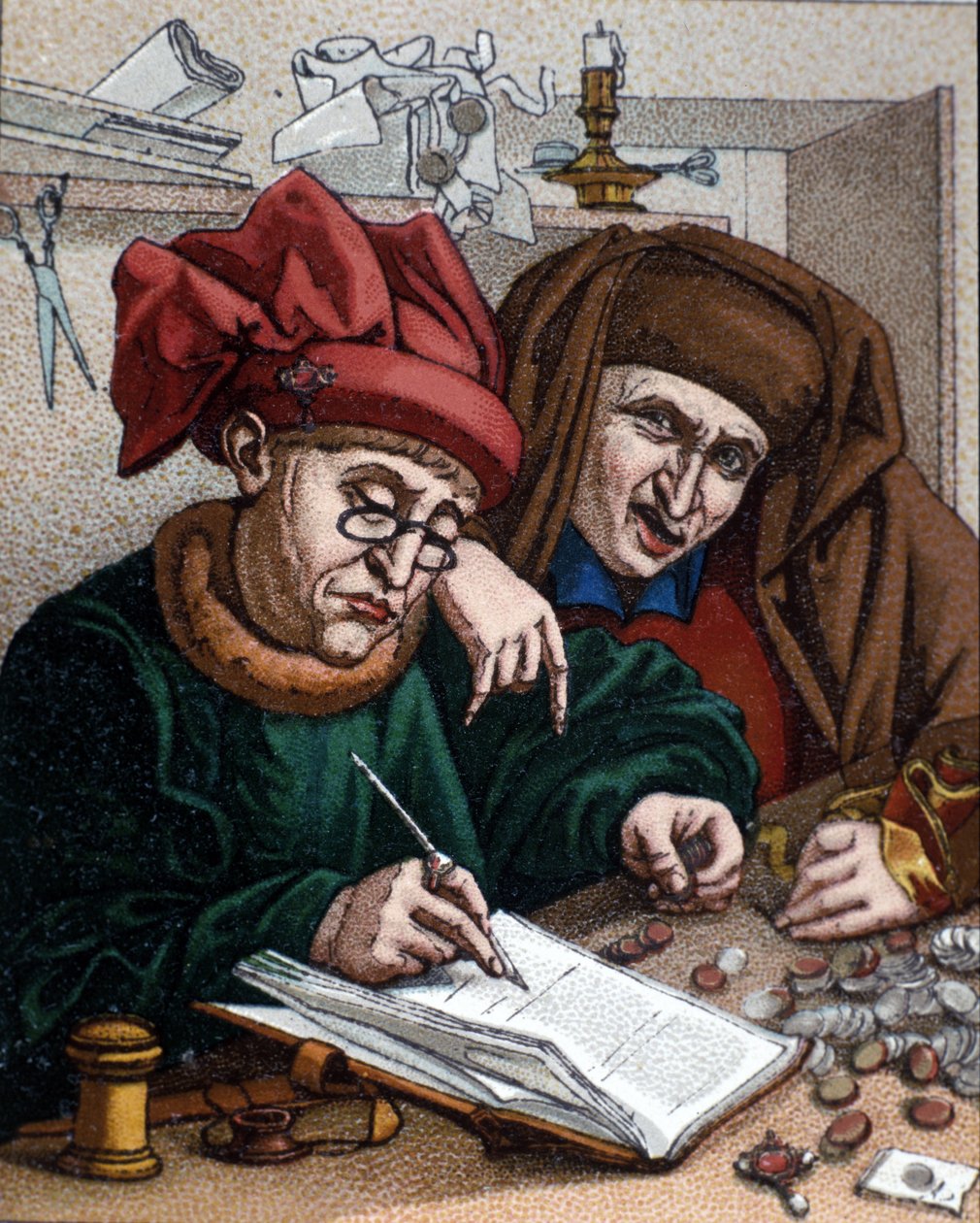 Pénzkölcsönzők. Ez a tevékenység bankok létrehozásához vezetett. Az illusztrációt Metsys festménye ihlette. 19. század alkotó: Quentin (after) Massys or Metsys