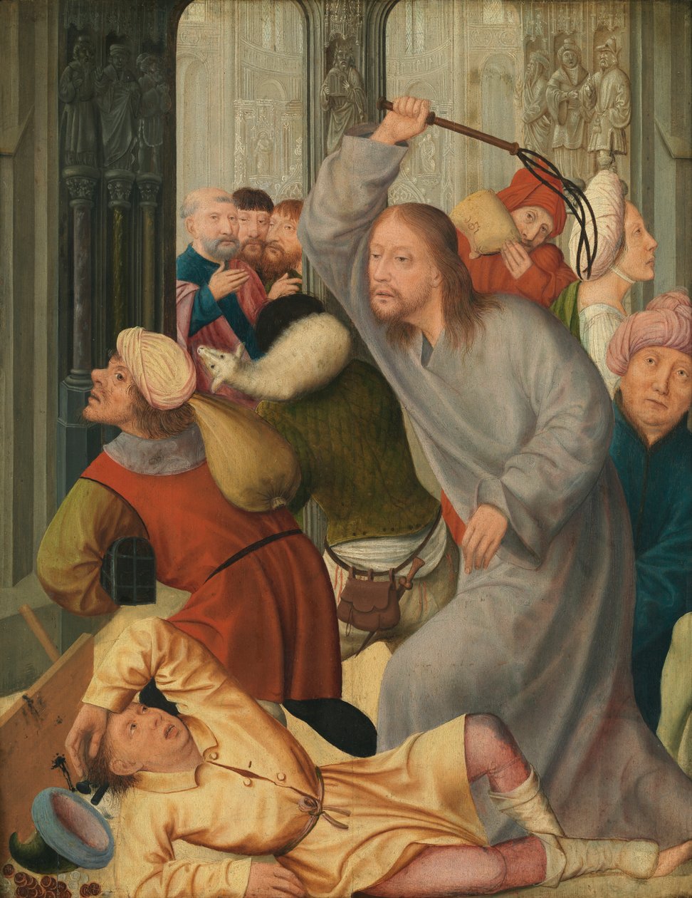 Krisztus kiűzi a pénzváltókat a templomból (olaj a panelen) alkotó: Quentin Massys or Matsys