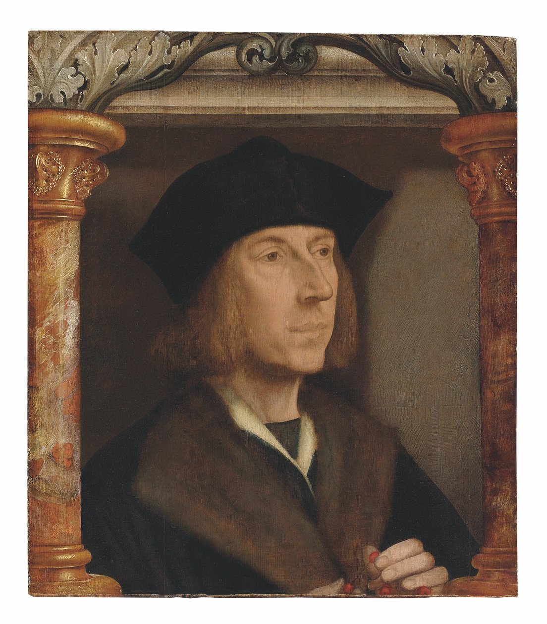 Úri portré, mellig érő, szőrmével bélelt kabátban, rózsafüzért mondva, építészeti környezetben (olaj, panel) alkotó: Quentin Massys or Metsys
