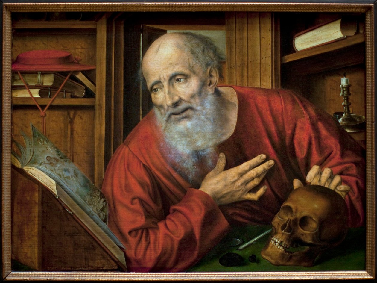 Szent Jeromos a cellájában. Quentin Metsys (Quinten Massys) (1466-1530) festménye, a 16. század első fele, flamand primitív művészet. Kunsthistorisches Museum, Bécs, Ausztria. alkotó: Quentin Massys or Metsys