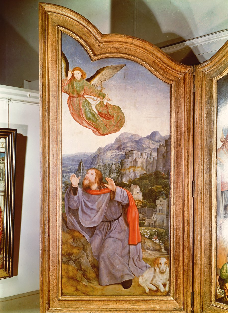 A Szent rokonság vagy a Szent Anna oltárképe, a bal oldali panel részlete, amely az Angyali üdvözletet ábrázolja Joachimnak, 1509 alkotó: Quentin Massys or Metsys