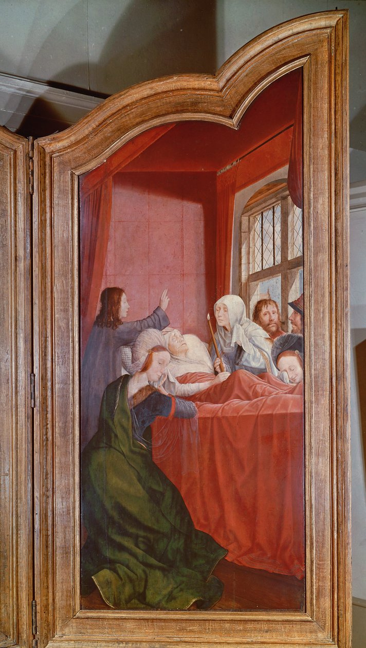 A Szent rokonság vagy a Szent Anna oltárképe, a jobb oldali tábla részlete, amely Szent Anna halálát ábrázolja, 1509 alkotó: Quentin Massys or Metsys