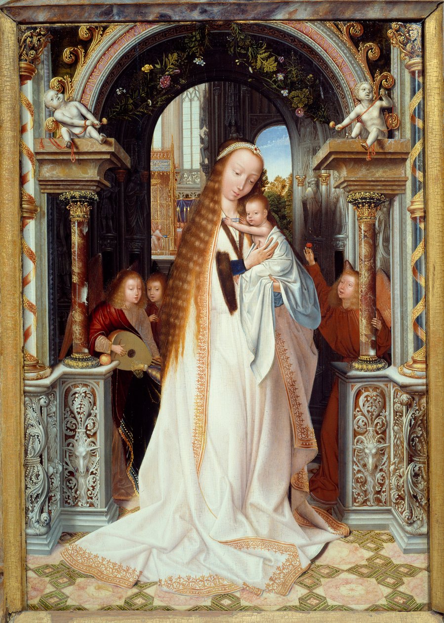 Szűz és gyermek három angyallal (Triptichon központi táblája). Quentin Metsys (1466-1530) festménye (lángiskola) 1509 Dim. 0,54 x 0,37 m Lyon, musee des Beaux Arts - Szűz és gyermek három angyallal. Triptichon központi panelje. Quentin festménye alkotó: Quentin Massys or Metsys