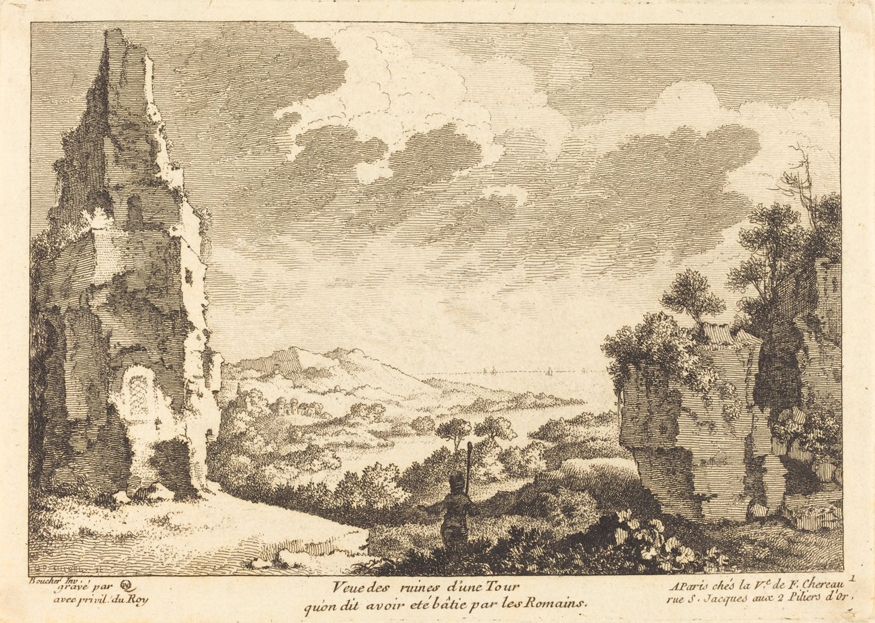 Kilátás egy torony romjaira, amelyet állítólag a rómaiak építettek alkotó: Quentin Pierre Chedel after François Boucher