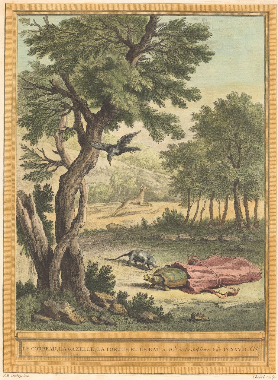 A varjú, a gazella, a teknős és a patkány (A varjú, a gazella, a teknős és a alkotó: Quentin Pierre Chedel after Jean Baptiste Oudry