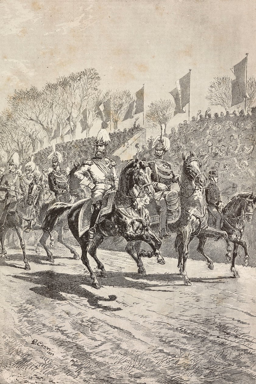 A vezérkari főnökök bevonulnak a felvonulási területre, a német koronaherceg (a leendő III. Frigyes) római látogatásának ünnepe, metszet Quinto Cenni rajzából, a L