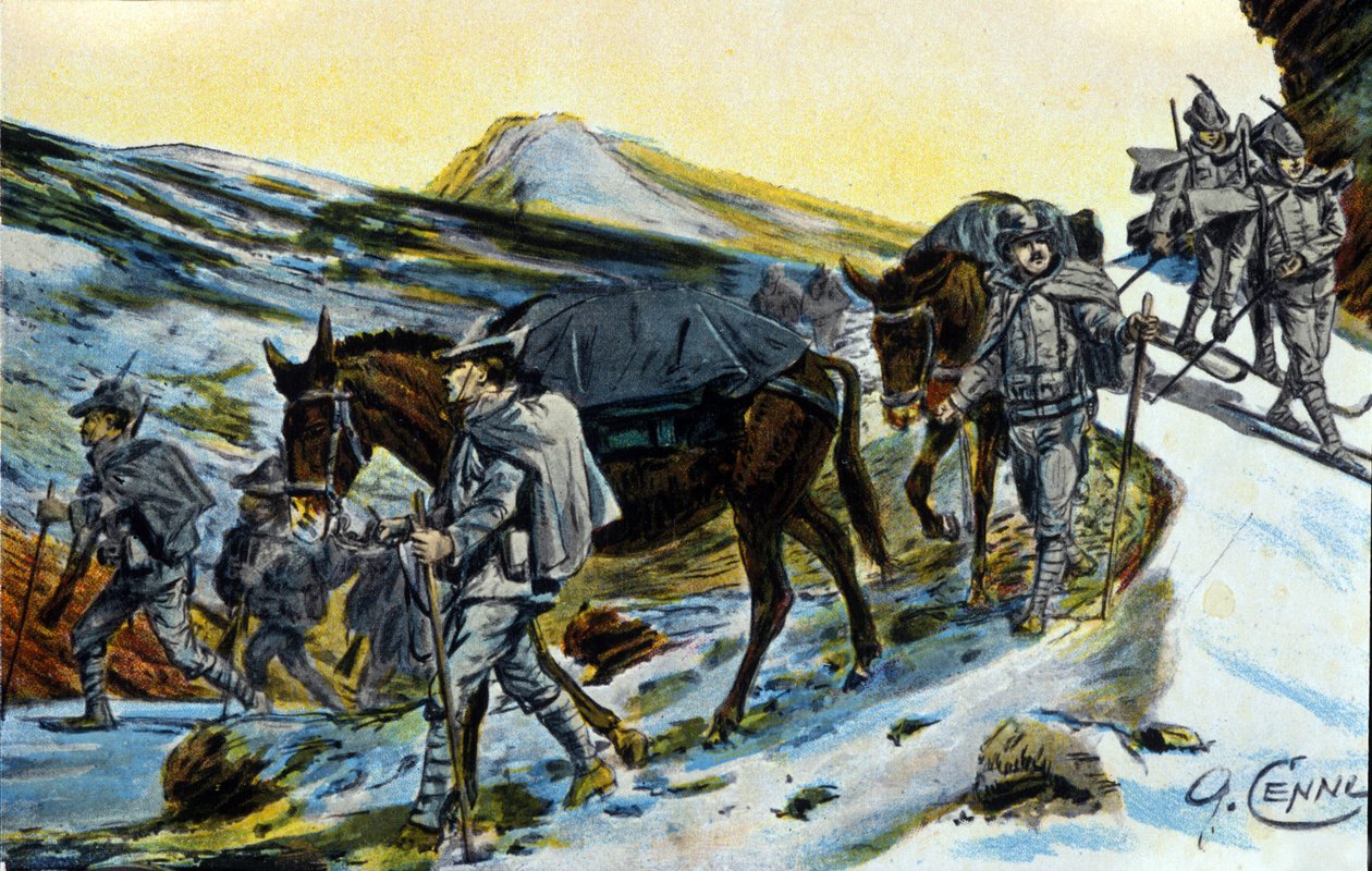 Első világháború: olasz alpesi vadászok csoportja elismerésben öszvéreikkel 1915-ben. Illusztráció: Quinto Cenni (1845-1917) alkotó: Quinto Cenni