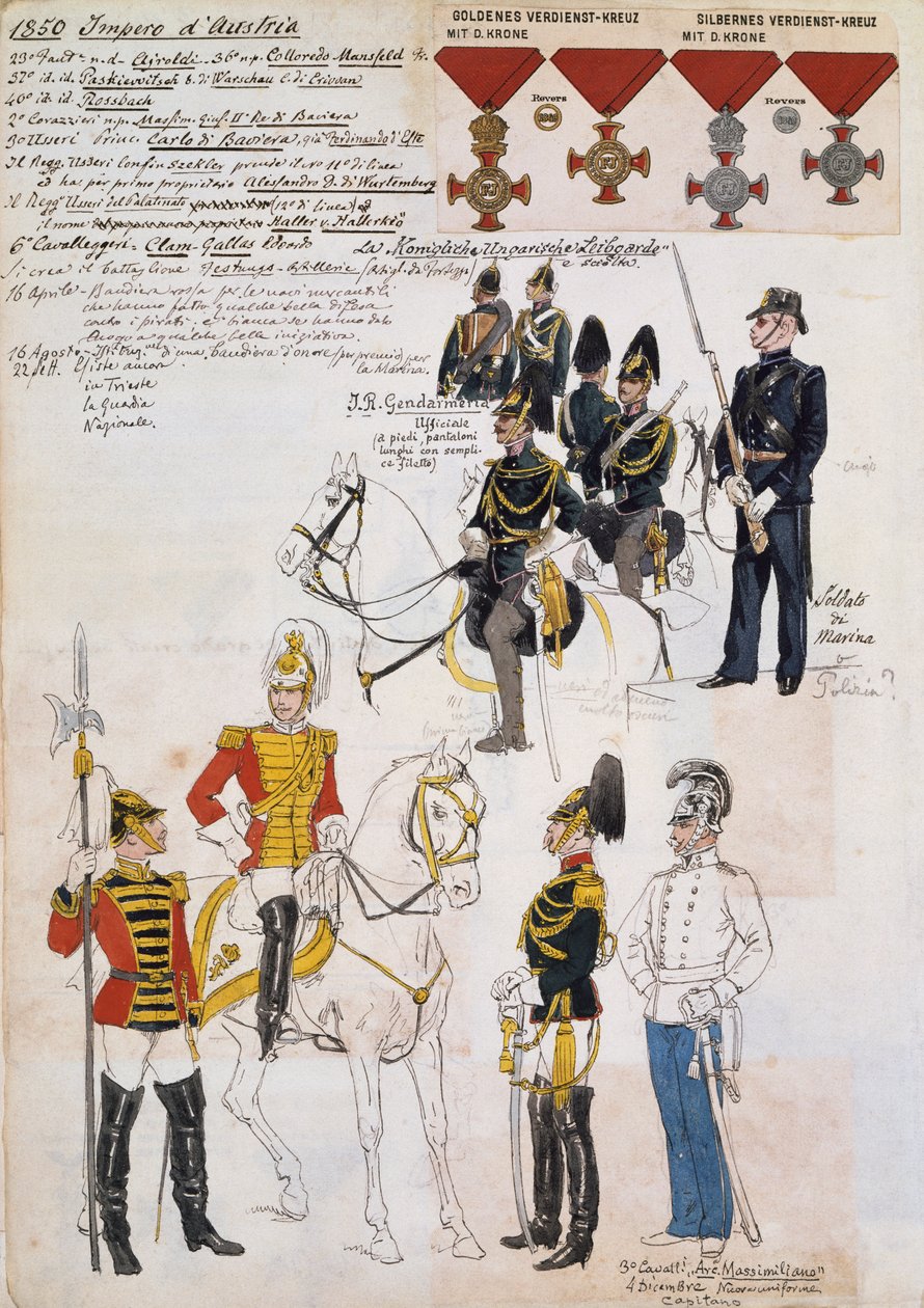 Maximilian harmadik lovassági főherceg csendőrei, haditengerészeti katonái és tisztjei, osztrák birodalmi egyenruhák (csendőrök, haditengerészet katonái és tisztjei a 3. Maximilian lovas főherceg ezredének), osztrák birodalmi egyenruhák alkotó: Quinto Cenni