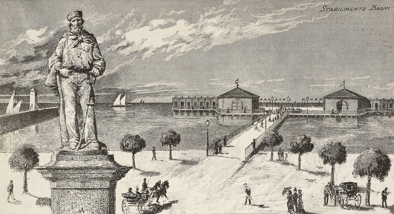 Emlékmű Giuseppe Garibaldi (1807-1882) olasz politikus és hazafi emlékére, a háttérben fürdőtelep, Cesenatico, Olaszország alkotó: Quinto Cenni