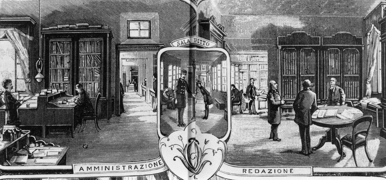 Treves testvérek irodái, szerkesztői és adminisztrációs személyzet, Milánó, Olaszország, Quinto Cenni (1845-1917) illusztrációja a L