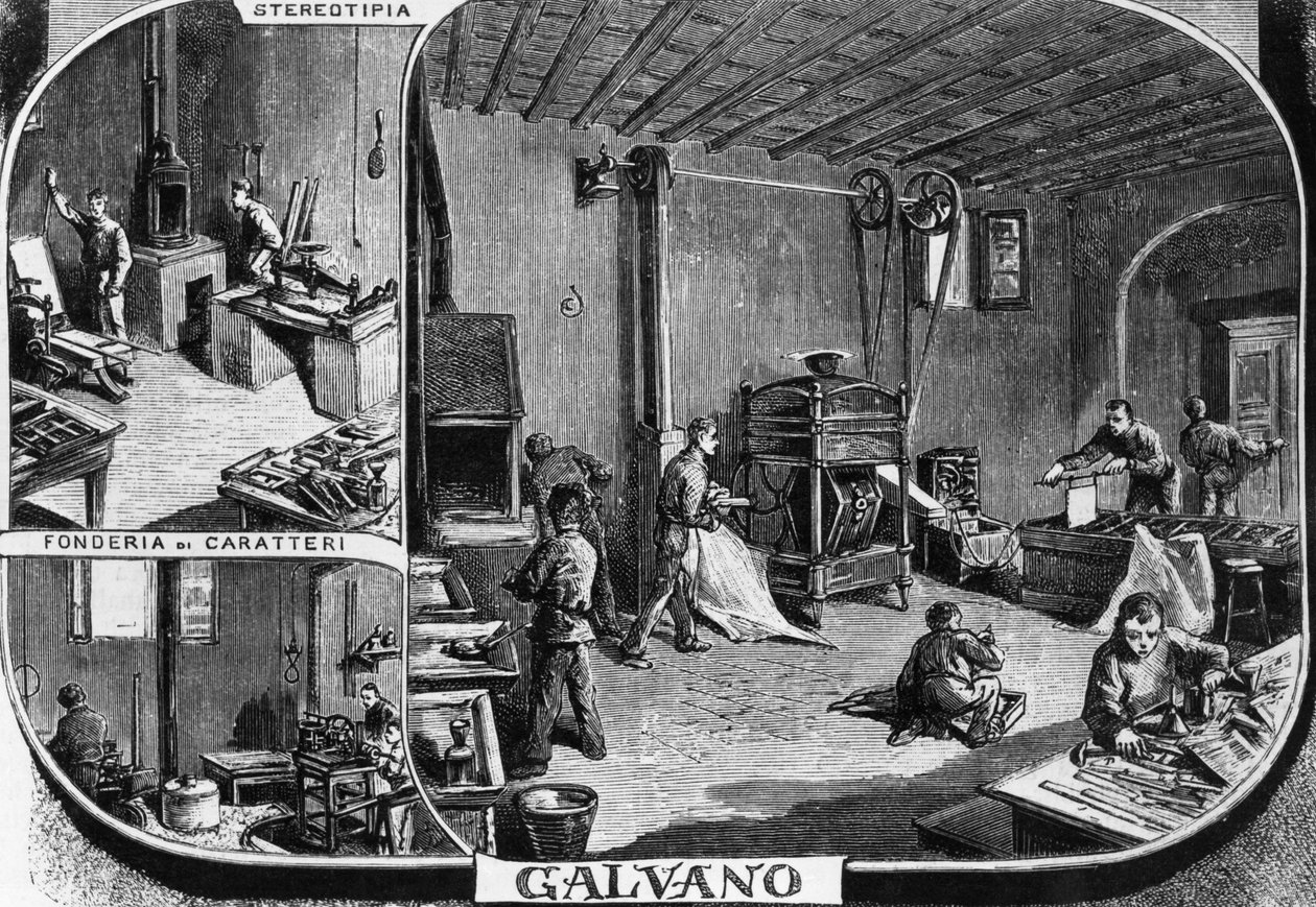 Treves testvérek irodái, betűtípus-öntési és sztereotípianyomtatási osztály, Milánó, Olaszország, Quinto Cenni (1845-1917) illusztrációja a L