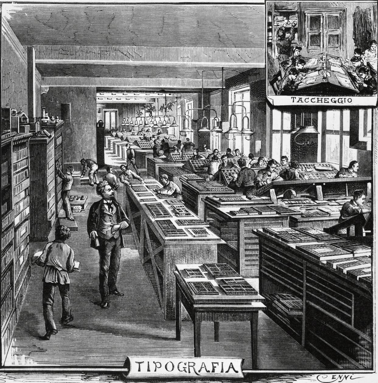 Treves testvérek irodái, tipográfia és fedőréteg, Milánó, Olaszország, Quinto Cenni (1845-1917) illusztrációja a L