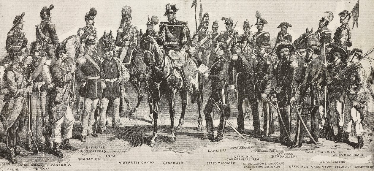 Piemonti hadsereg 1859-ben: gyalogosok, tüzérek, mérnökök, gránátosok, tisztek, tábornokok, lándzsások, lovasok, puskások, metszet Quinto Cenni rajzából, L