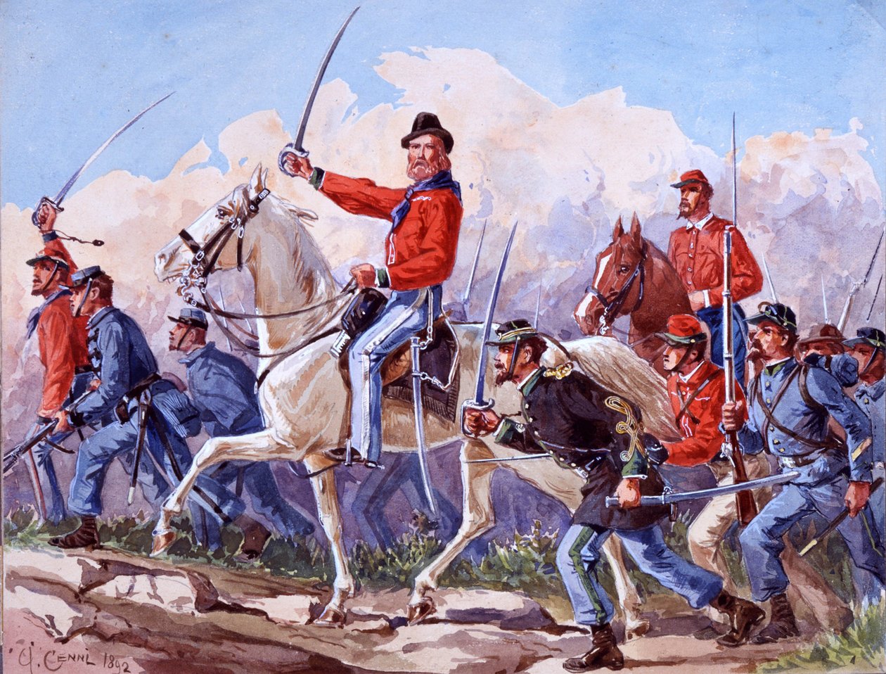 Risorgimento: Giuseppe Garibaldi (1807-1882) csapatai Rómába vonulnak. Quinto Cenni akvarellje 1892 alkotó: Quinto Cenni