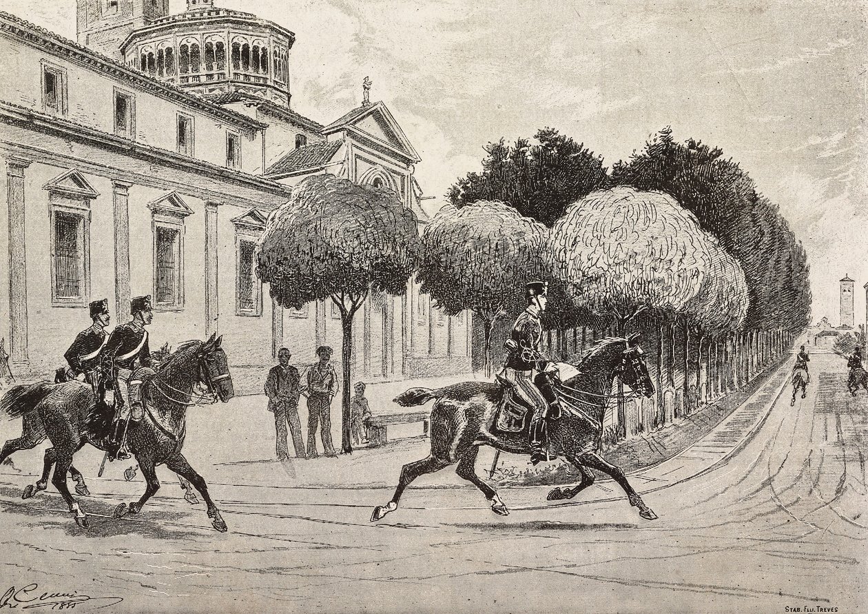 Lovas katonák a Beata Vergine dei Miracoli szentély előtt, Saronno, Olaszország, metszet Quinto Cenni rajzából, L