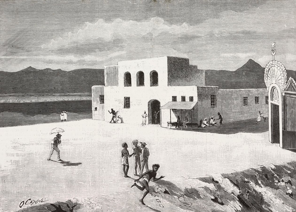Az olasz posta épülete, Massawa, Eritrea, metszet Quinto Cenni rajzából és Pieragostini vázlatából, L