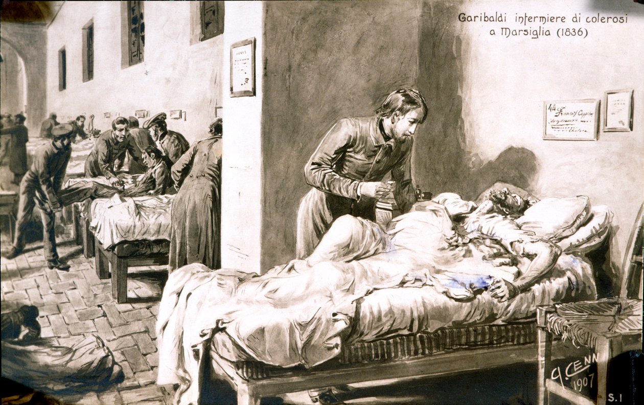 Giuseppe Garibaldi (1807-1882) olasz hazafi ápolónő Pan-Borel (Pane Borel) néven a marseille-i kolerás betegeknek 1836-ban. Képeslap a 19. századi magángyűjteményből alkotó: Quinto Cenni