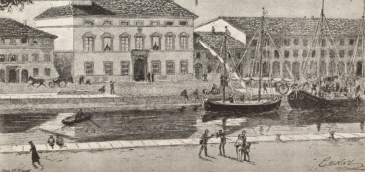 A városháza és a kikötői csatorna, Cesenatico, Olaszország, metszet Quinto Cenni rajzából és Ulisse Topi vázlatából, L