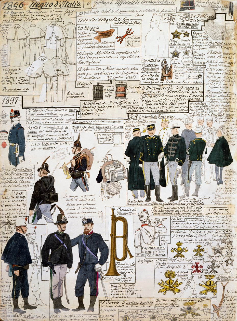 Az Olasz Királyság egyenruhái 1896-1897 között, tábla a Cenni Codexből, katonai vázlatok gyűjteménye akvarellrel alkotó: Quinto Cenni