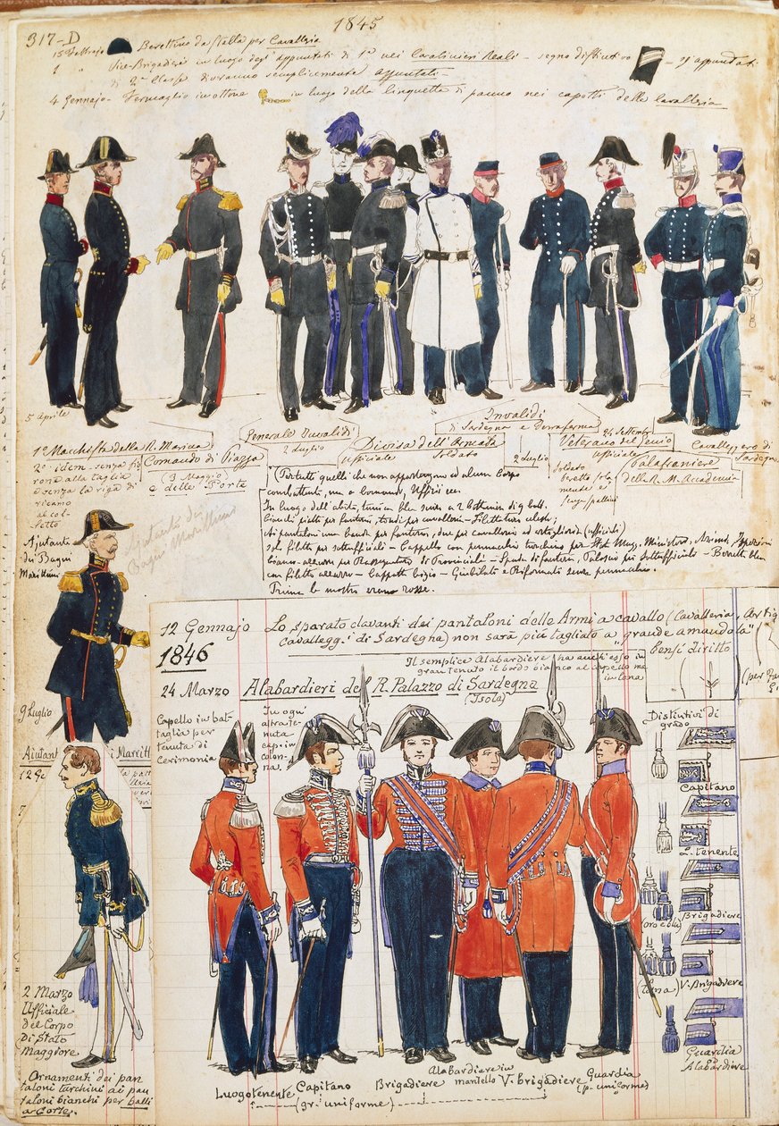 A piemonti hadsereg egyenruhája 1845-1846 között. Cenni Quinto színtáblája alkotó: Quinto Cenni