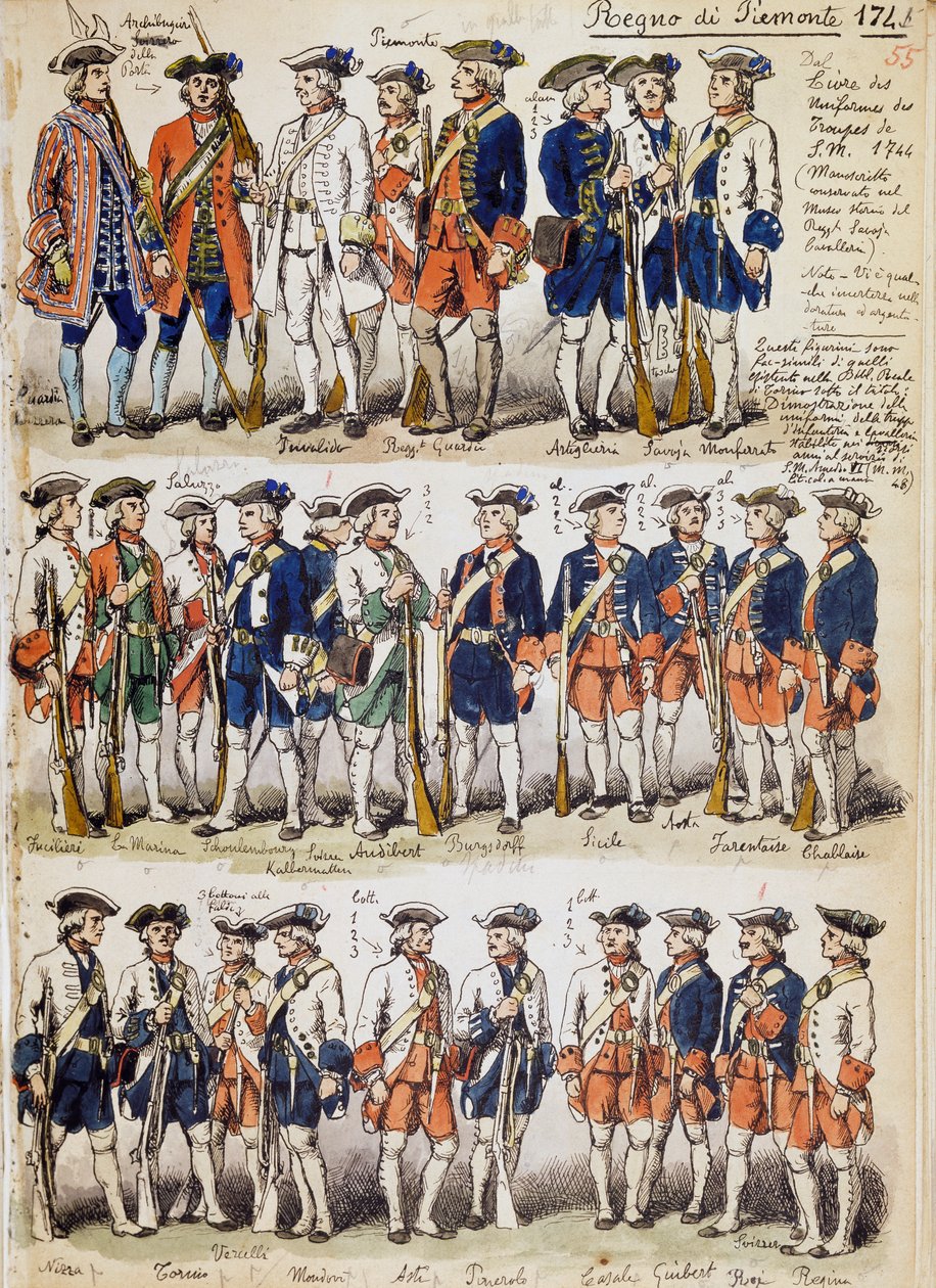 A Piemonti Királyság csapatainak egyenruhája 1744-ben, a Cenni-kódexből vett lemez, Quinto Cenni (1845-1917) katonai vázlatainak gyűjteménye alkotó: Quinto Cenni
