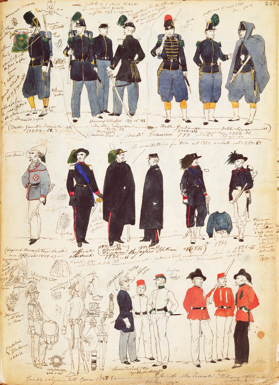 Különféle olasz egyenruhák, amelyeket 1847 és 1870 között használtak Quinto Cennitől, színes lemez alkotó: Quinto Cenni